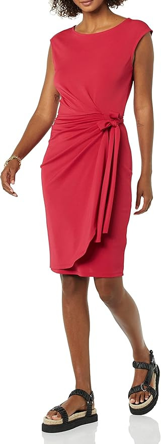 Amazon Essentials Women's Cap Sleeve Bateau Neck Faux Wrap Dress | Amazon (US)