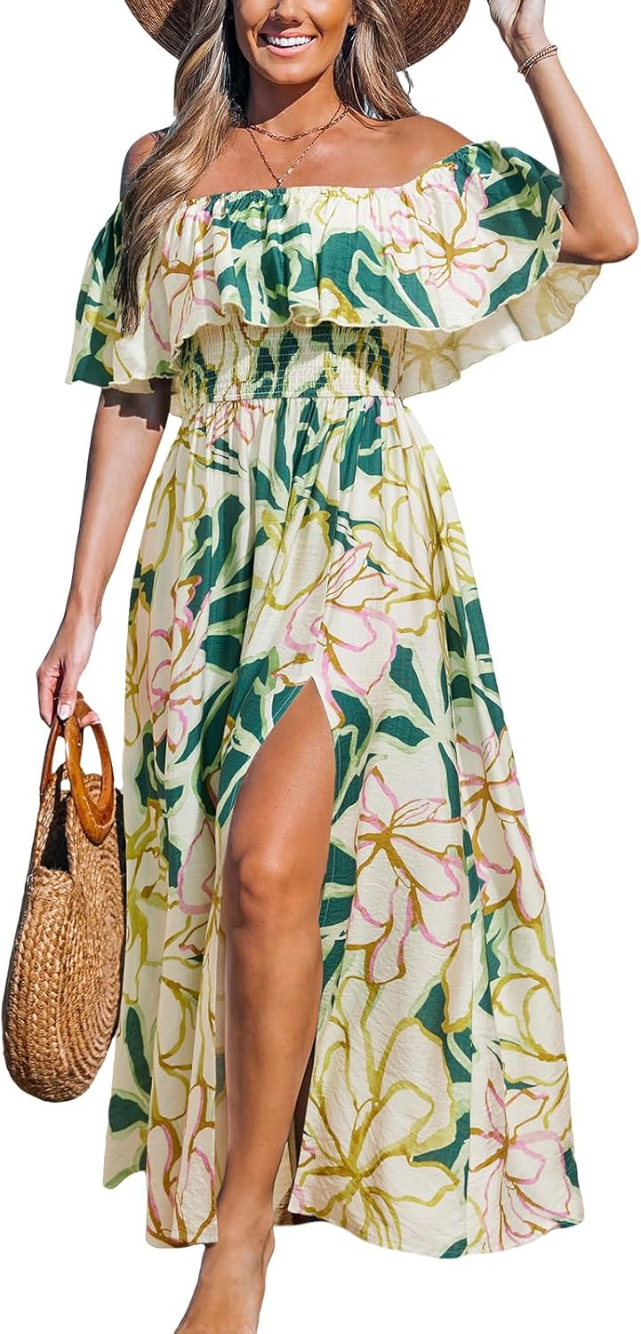 CUPSHE Womens Ruffle Floral Maxi Summer Dress Off Shoulder Beach Dress | Amazon (US)