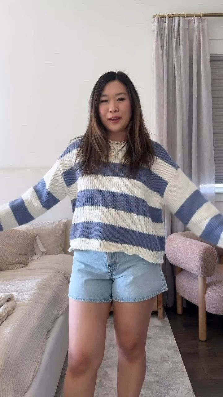 Spring outfit inspo, striped sweater, denim shorts, easy ootd, tcs, styling tip, casual outfit, cool mom outfit 

#LTKmomlife #LTKootd