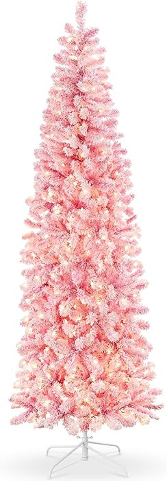 Best Choice Products Flocked Pink Pencil Christmas Tree, Pre-Lit Slim Artificial Holiday Decorati... | Amazon (US)
