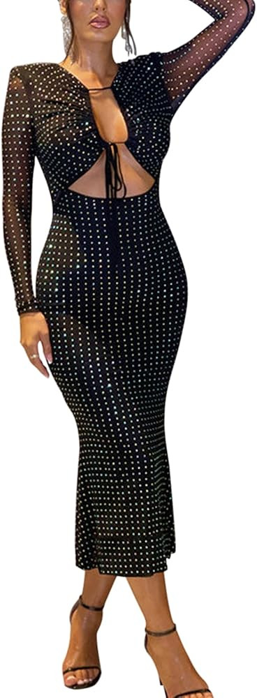 Suillty Women's Sparkly Rhinestone Cutout Mesh Long Sleeve Bodycon Maxi Dress Sexy Glitter Lace U... | Amazon (US)