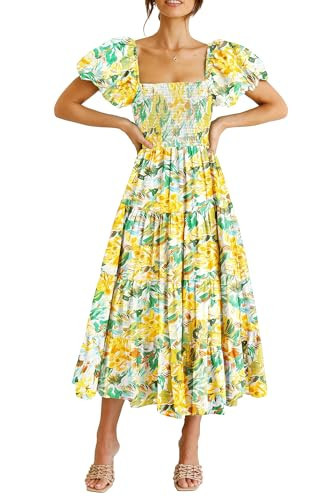 PRETTYGARDEN Women's Casual Summer Midi Dress Puffy Short Sleeve Square Neck Smocked Tiered Ruffle Dresses (Floral Yellow,Large) | Amazon (US)