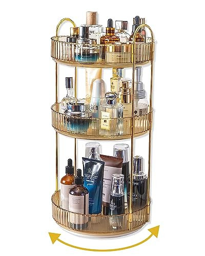 Asayuee 360 Rotating Makeup Organizer for Vanity,3 Tier Large Capacity Vanity Storage,Skincare Perfume Spinning Organizer,Bathroom Cosmetics Storage Makeup Stand Organizer (Gold-3 Tier) | Amazon (US)
