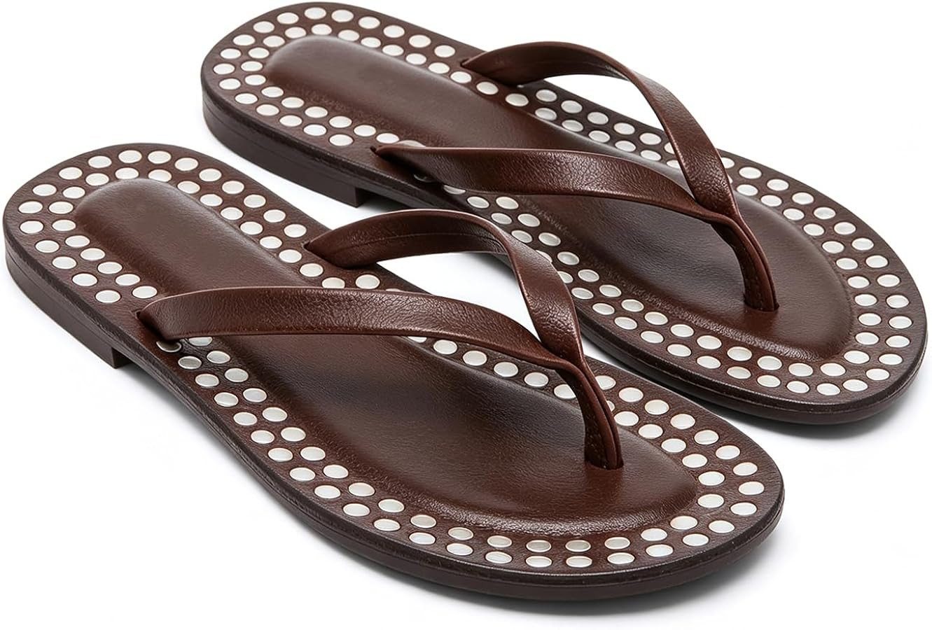 Studded Flip Flops for Woman Leather Open Round Toe Flat Thong Sandals Fashion Summer Beach Slide... | Amazon (US)