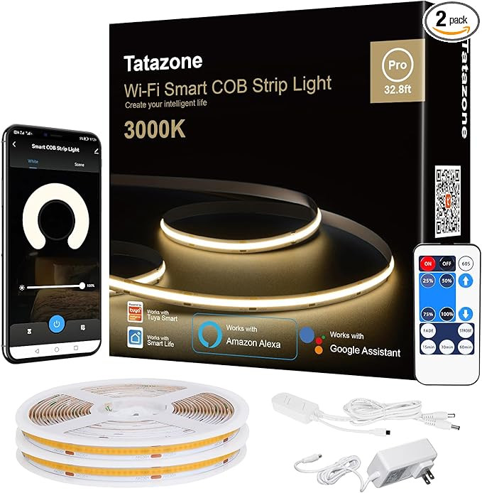Smart White COB Led Strip Light with Remote, 32.8ft 3000K Bright Warm White WiFi COB Light Strip ... | Amazon (US)