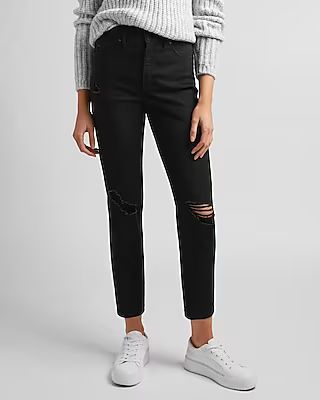 High Waisted Black Ripped Mom Jeans | Express