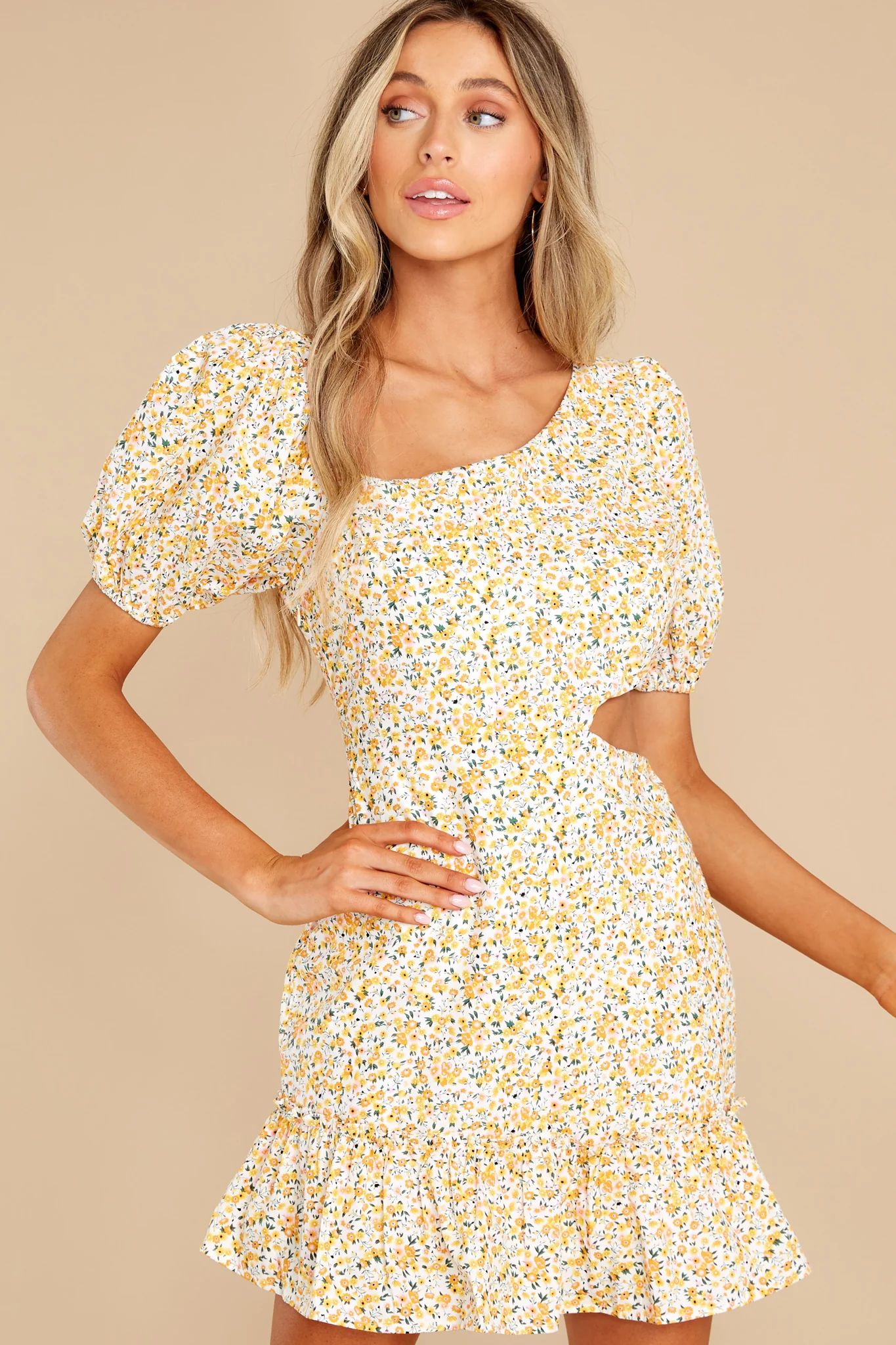Lovely Details Yellow Floral Print Dress | Red Dress 