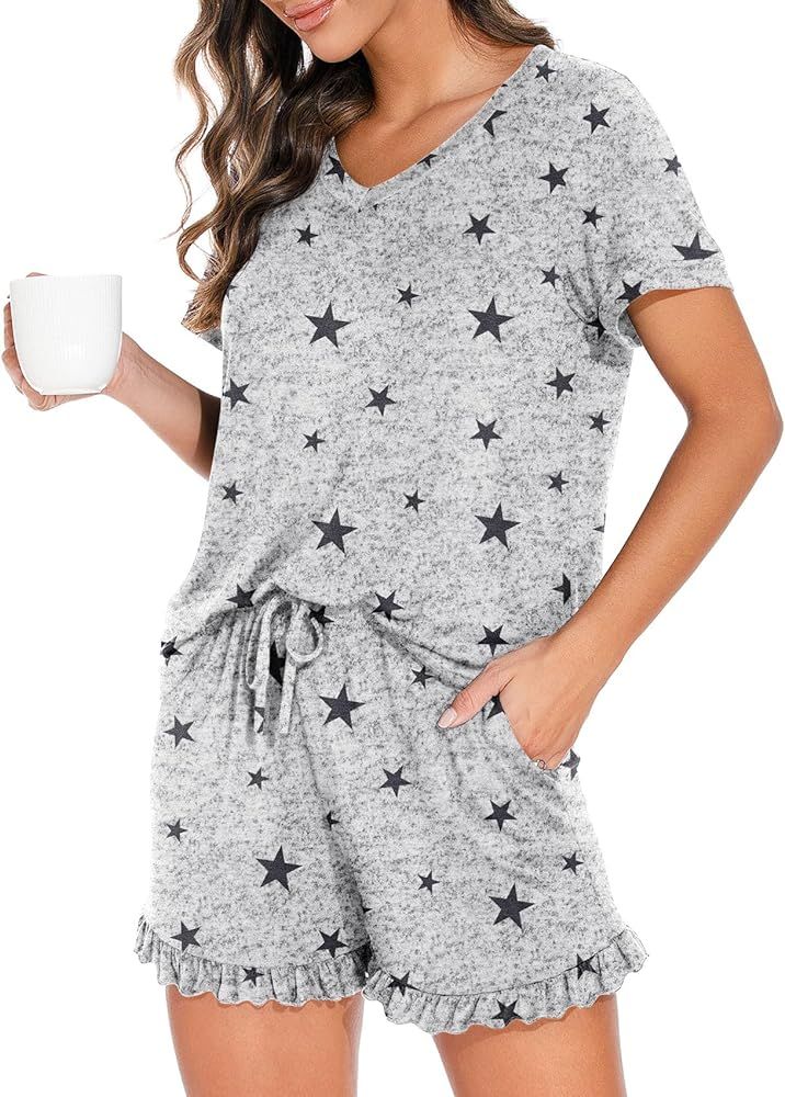 PrinStory Womens Pajamas Set Lounge Sets Short Sleeve Sleepwear Soft Pjs Shorts Set with Pockets | Amazon (US)