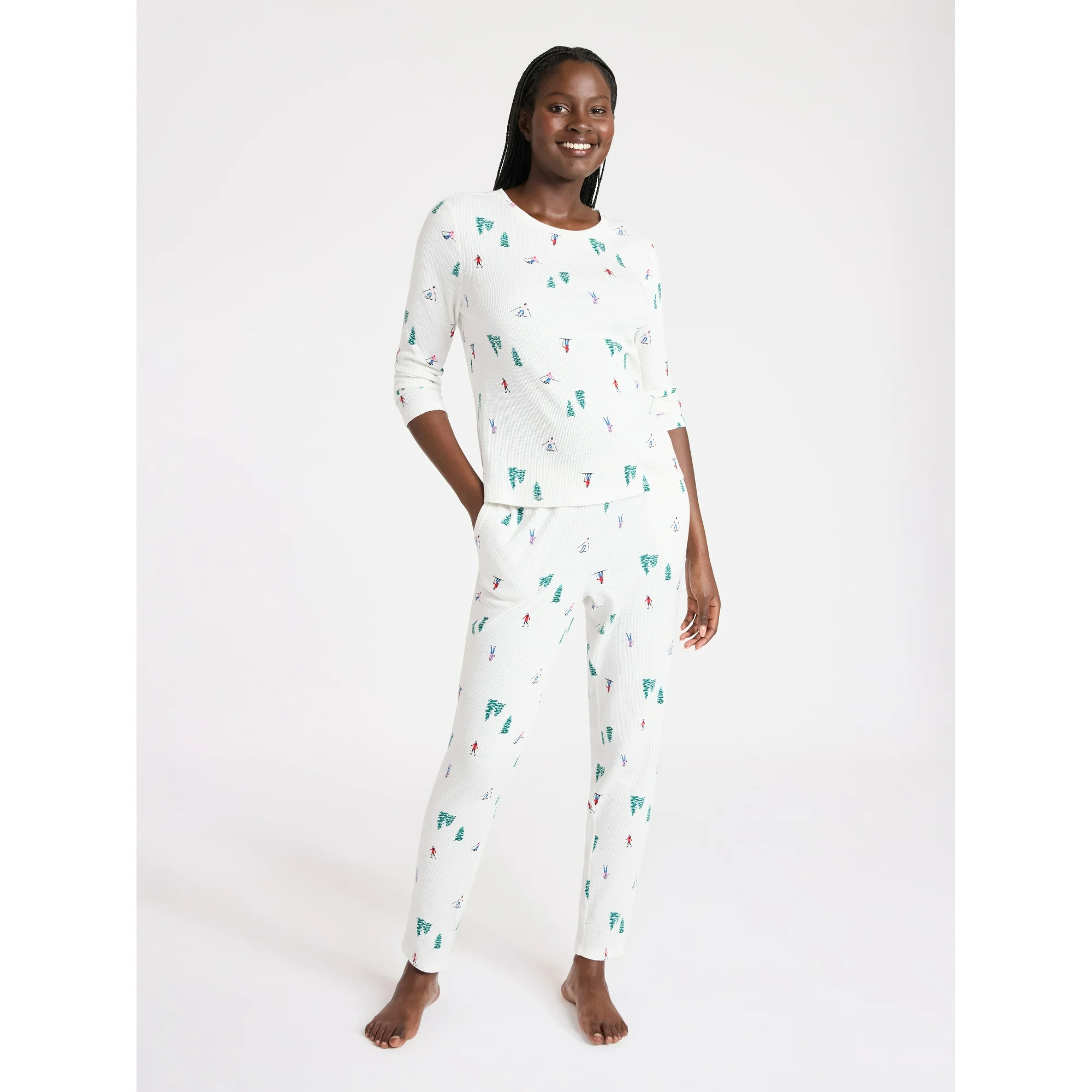 Joyspun Women's Waffle Knit Long Sleeve Top and Joggers Pajama Set, 2-Piece, Sizes S-3X | Walmart (US)