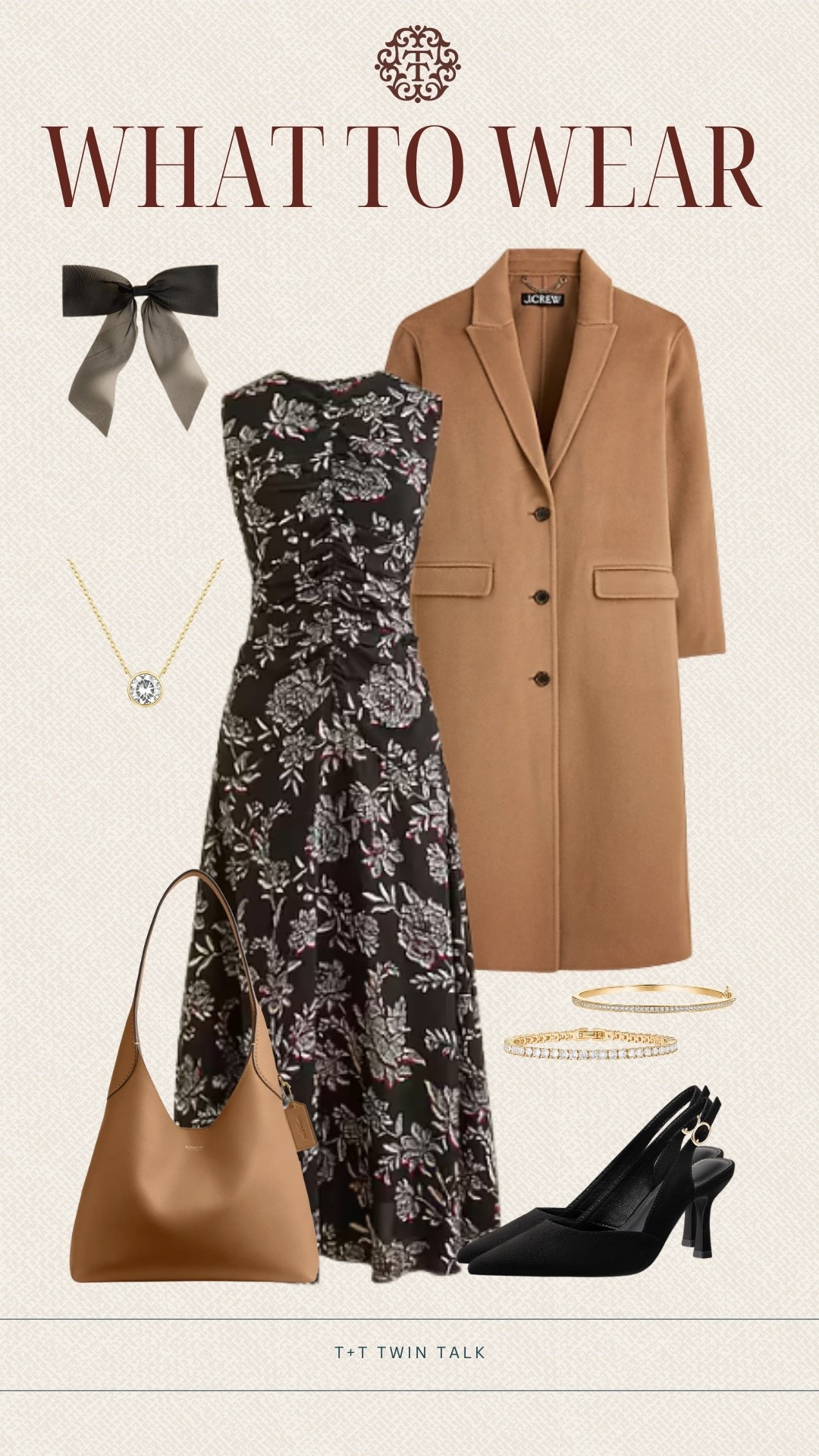 T+T, what to wear for a special event. We are loving this patterned dress from J.Crew paired with a long camel colored coat. We would add a matching purse, heels, and gold accessories to complete the look. 

#LTKMidsize #LTKSeasonal #LTKOver40