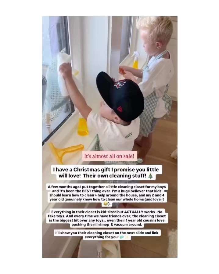 I have a Christmas gift I promise you little will love! Their own cleaning stuff!
A few months ago I put together a little cleaning closet for my boys and it's been the BEST thing ever. I'm a huge believer that kids should learn how to clean + help around the house, and my 2 and 4 year old genuinely know how to clean our whole home (and love it)
Everything in their closet is kid-sized but ACTUALLY works. No fake toys. And every time we have friends over, the cleaning closet is the biggest hit over any toys... even their 1 year old cousins love pushing the mini mop & vacuum around.
I'll show you their cleaning closet on the next slide and link everything for you!

#LTKFindsUnder50 #LTKHome #LTKmomlife