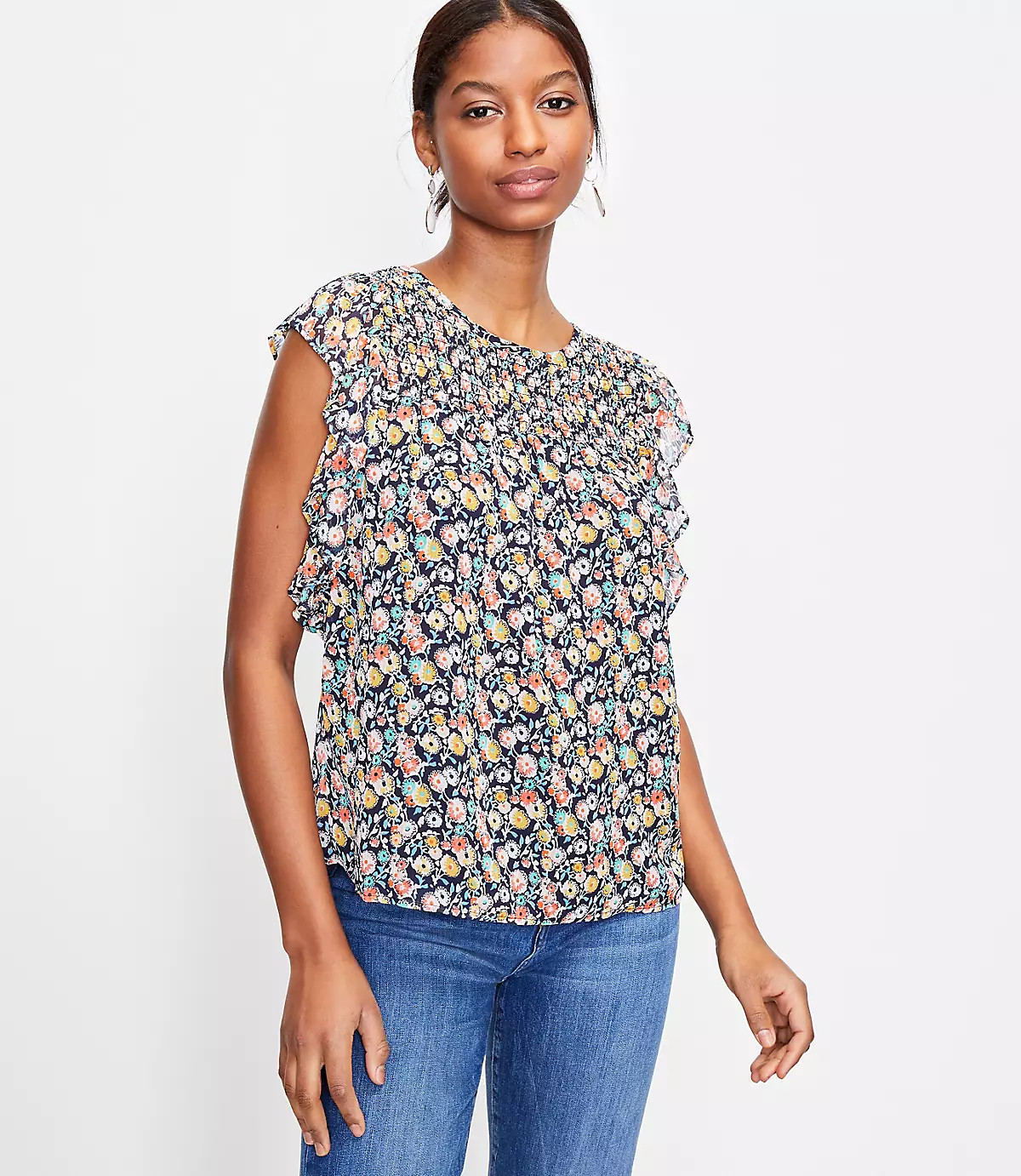 Floral Smocked Flutter Sleeve Shell | LOFT