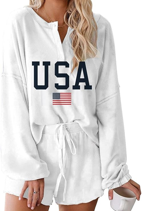 Patriotic Women's Henley Button Down American Flag Graphic Printed Ruffle Two Piece outfits Casua... | Amazon (US)