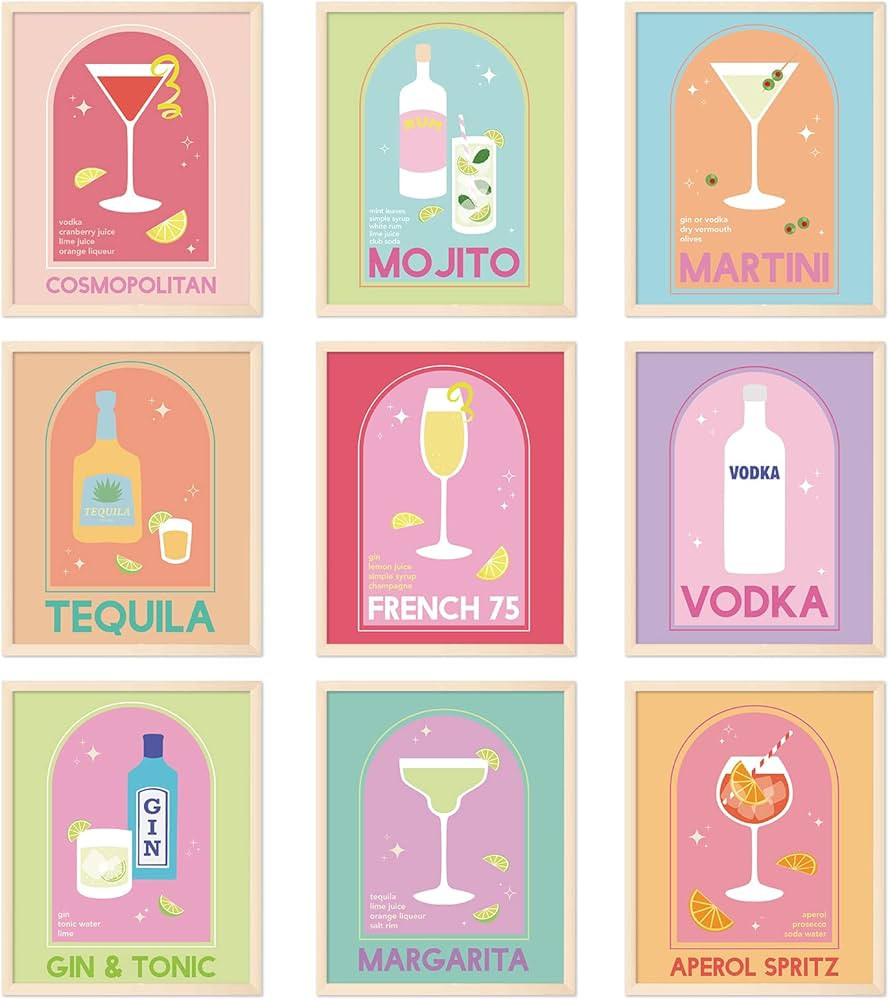Whaline 9Pcs Cocktail Drink Wall Art Prints 11x14in Colorful Liquor Drink Room Decor Aesthetic Wi... | Amazon (CA)