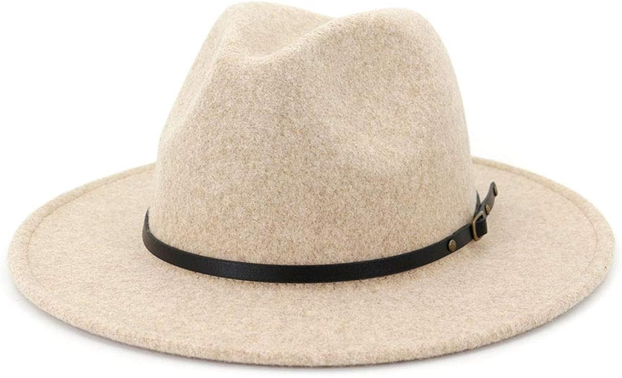 Womens Classic Wool Fedora with Belt Buckle Wide Brim Panama Hat | Amazon (US)
