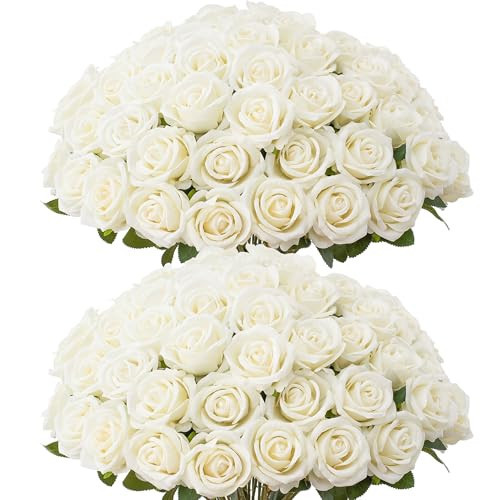 50 PCS Fake White Roses, Artificial White Flowers Bulk Realistic Silk Faux Roses with Stems for Wedding Decorations Table Centerpieces Bridal Bouquet DIY Floral Arrangement Event Party Home Decor | Amazon (US)