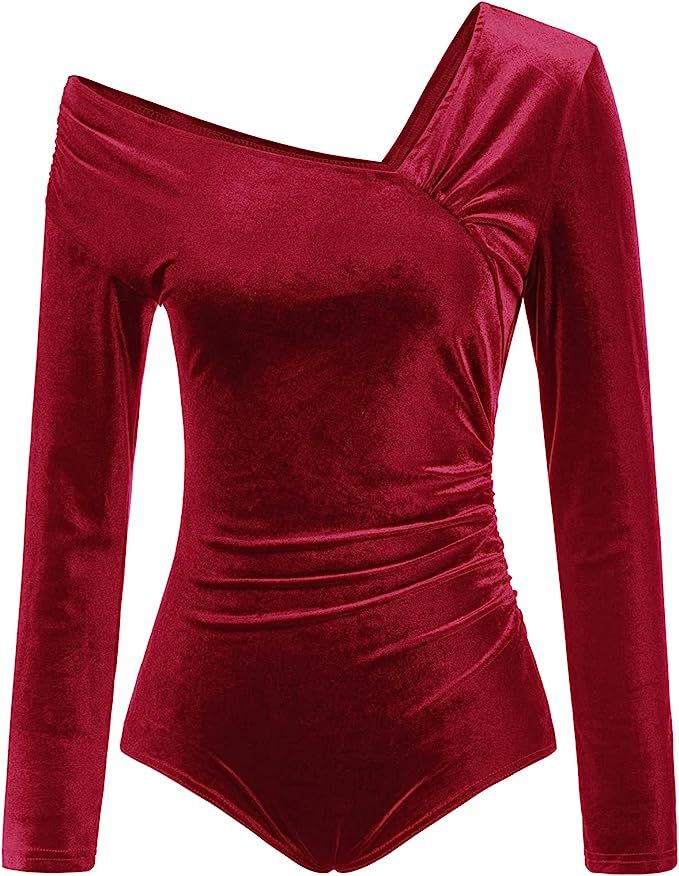 Amazon.com: Kate Kasin Women's Stretchy Velvet Top Body Suit Slim Fit Leotard Long Sleeve Bodysui... | Amazon (US)
