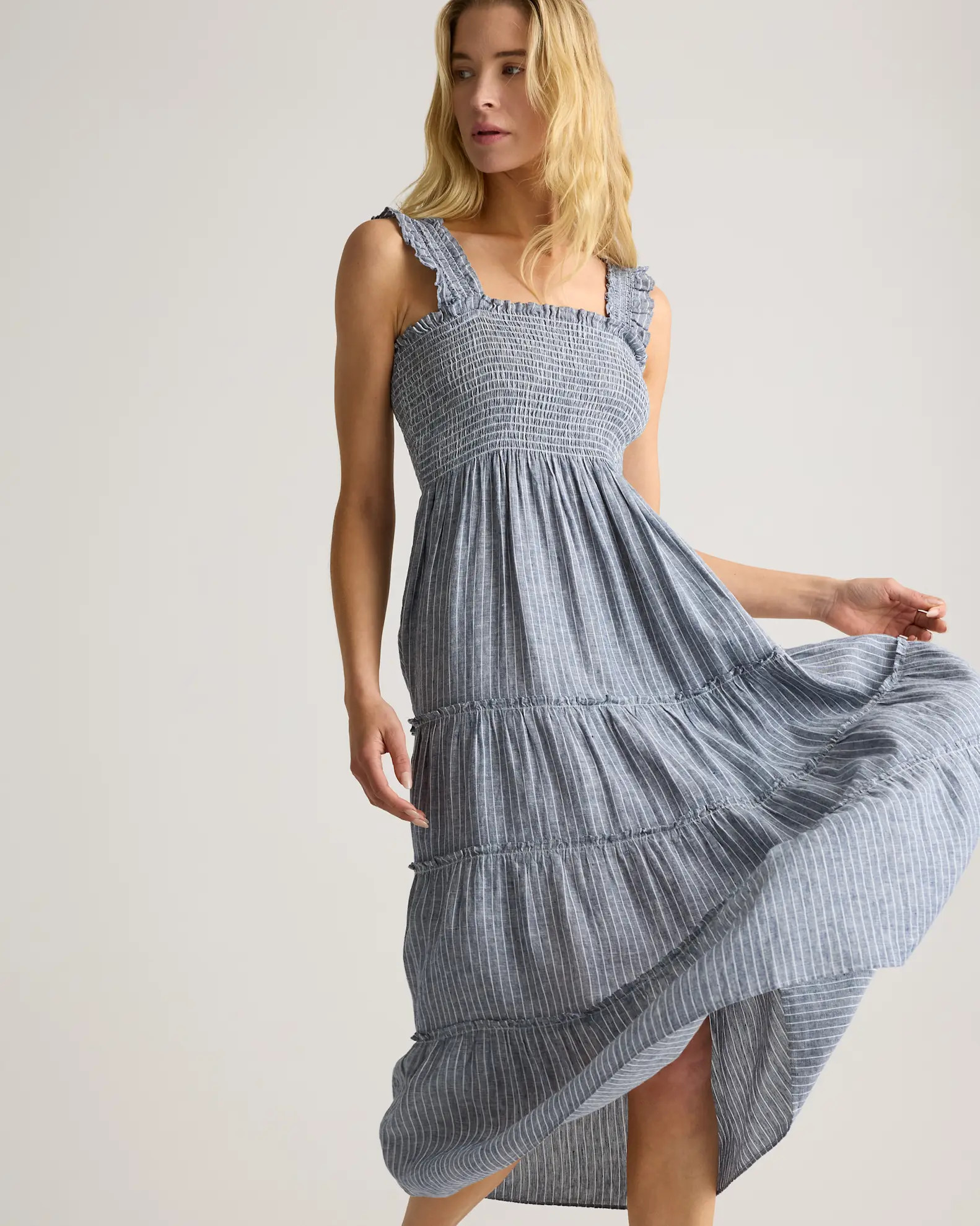 100% European Linen Smocked Midi Dress in Chambray Stripe | Quince