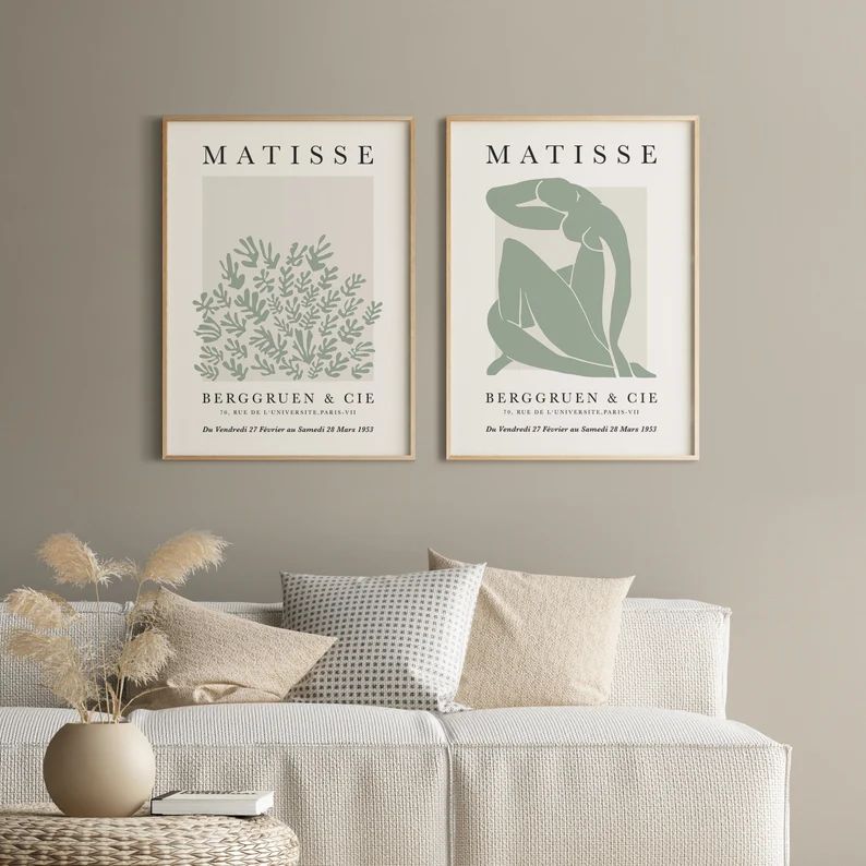 Set of 2 Henri Matisse Printable Wall Art Sage Green Abstract - Etsy | Etsy (US)