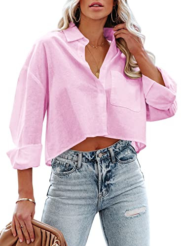 Tankaneo Womens Button Down Cropped Shirts Long Sleeve Casual Crop Tops Solid Lapel Blouse Shirt ... | Amazon (US)