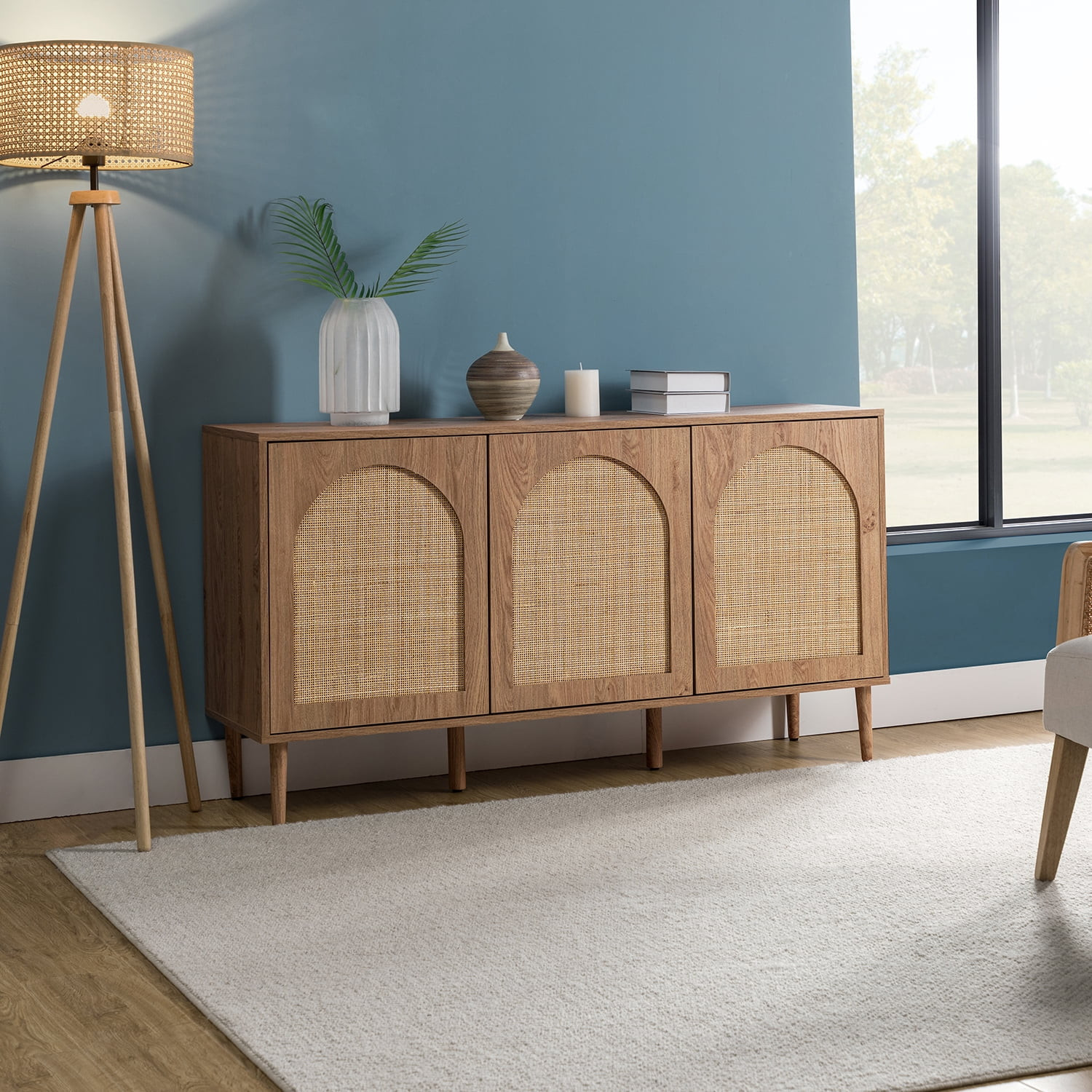 14 Karat Home 56" Modern Kitchen Sideboard with 3 Rattan Doors, Oak - Walmart.com | Walmart (US)