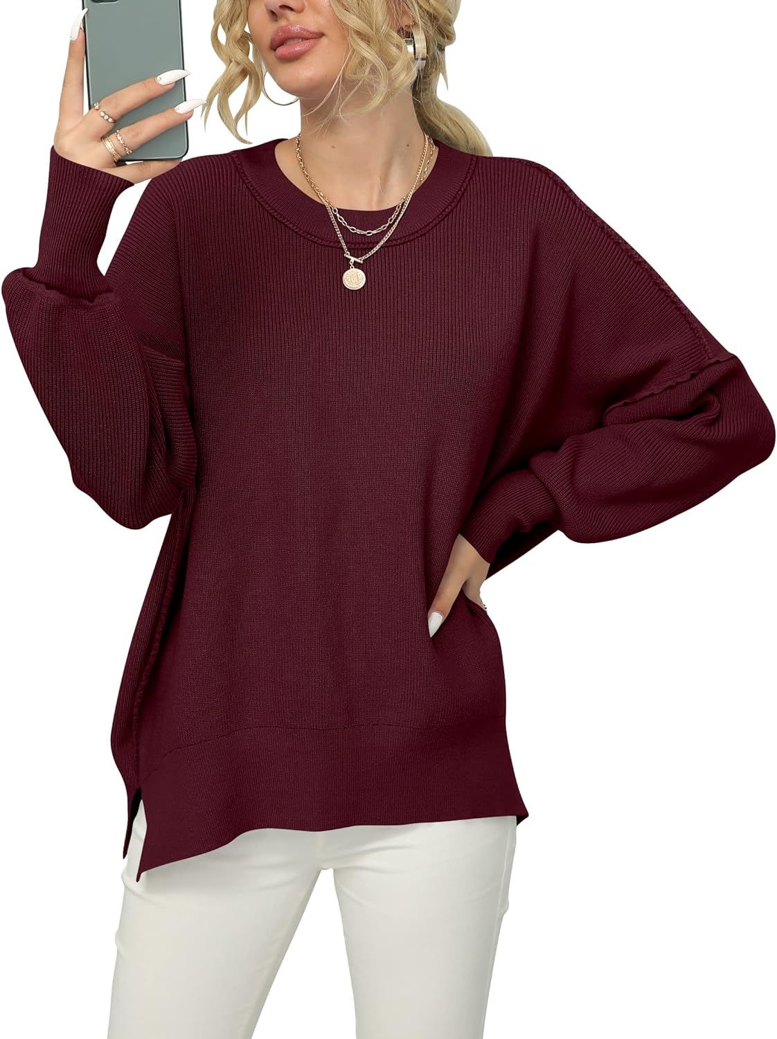 ANRABESS Women's Long Sleeve Knit Sweater Crew Neck Winter Comfy Pullover Tops A305jiuhong-L Wine... | Amazon (US)
