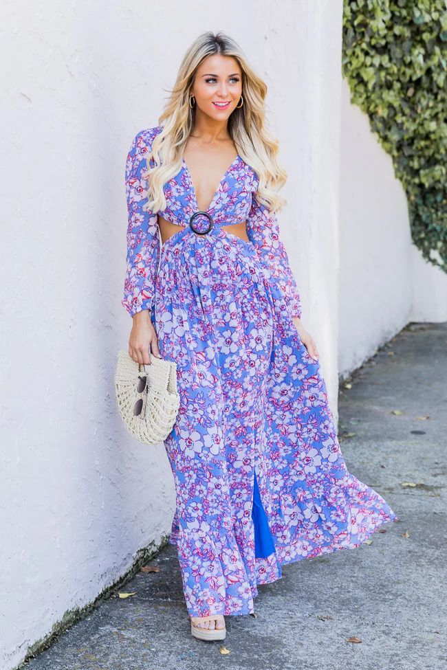Depend On You Blue Cutout Floral Ring Link Maxi Dress | Pink Lily