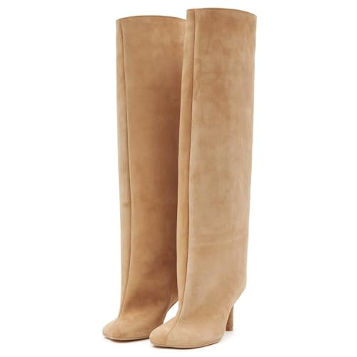 UBWDU Wide Calf Knee High Boots Women Tall Boots Suede Square Toe Stiletto Suede Boots High Heel Long Booties Nude 7.5 | Amazon (US)