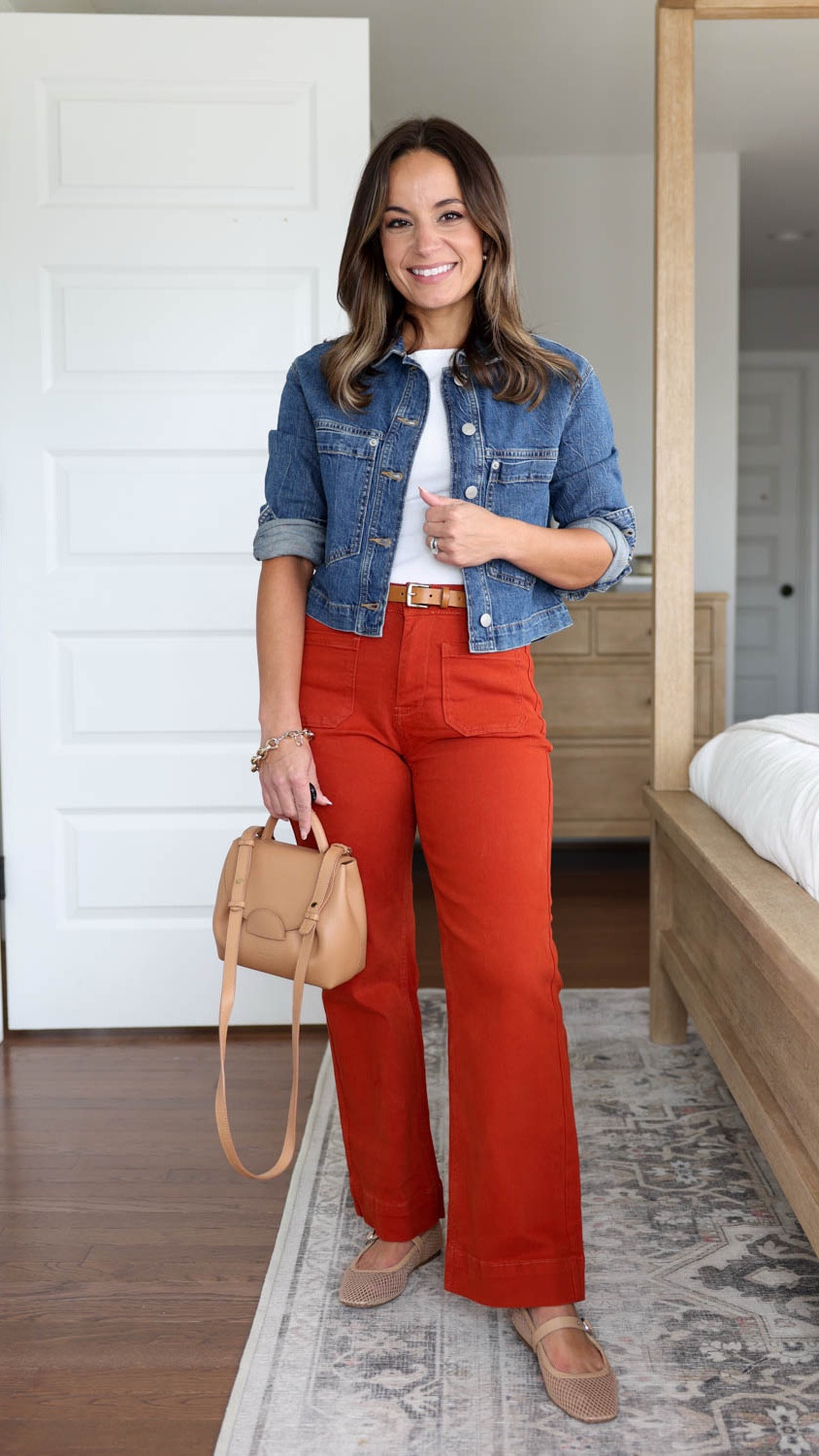 Colored pants for petites! 

Orange Rust Jeans (Amazon): xs - overall true to size with a little extra room across the rise and waist on me. 10” rise, 26” inseam.
Denim jacket (BR Factory): petite xxs 
Tank top (Quince): xs 
Bag (Polene): but linked a similar Amazon option 
Mesh flats (DV): tts 
Belt (J.Crew): but old and sold out 


My measurements for reference: I’m 4’10” and 105lbs. My bust, waist, and hip measurement is 32”, 24”, and 36”.

#LTKPetite