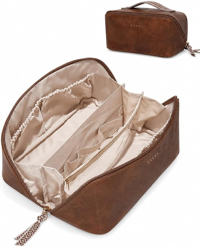 EACHY Travel Makeup Bag for Women, PU Leather Cosmetic Bag, Brown, Large | Water-resistant PU lea... | Amazon (US)
