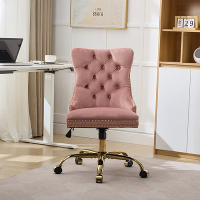 MAYEERTY Modern Velvet Office Chair - Tufted Buttons, Golden Metal Base, Adjustable Swivel, Pink | Target