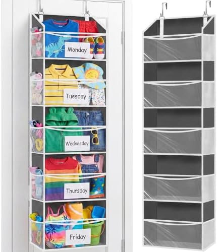 5Tiers Over Door Organizer, Weekly Clothes Organizer for Kids | 5 clear PVC front pockets, 10 mes... | Amazon (US)