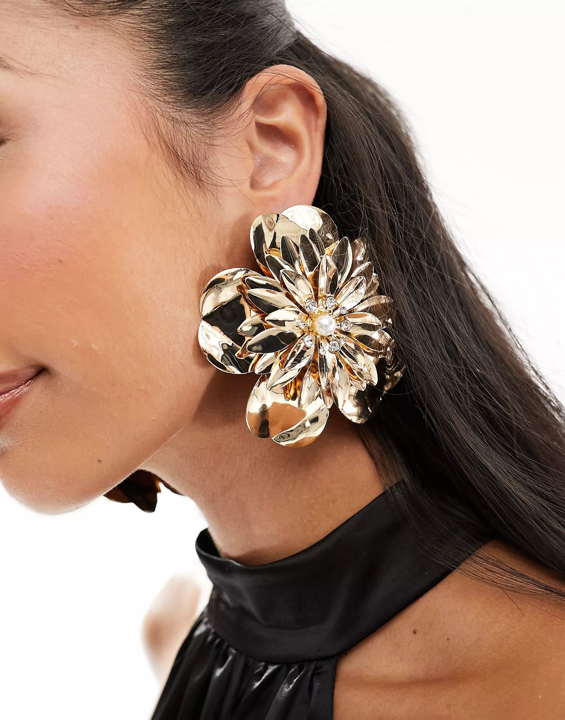 ASOS DESIGN stud earrings in oversized 3D flower design in gold tone | ASOS (Global)