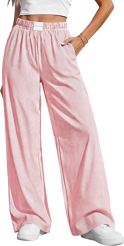PRETTYGARDEN Womens Wide Leg Striped Pants 2026 Fall Casual High Waisted Baggy Palazzo Lounge Tro... | Amazon (US)