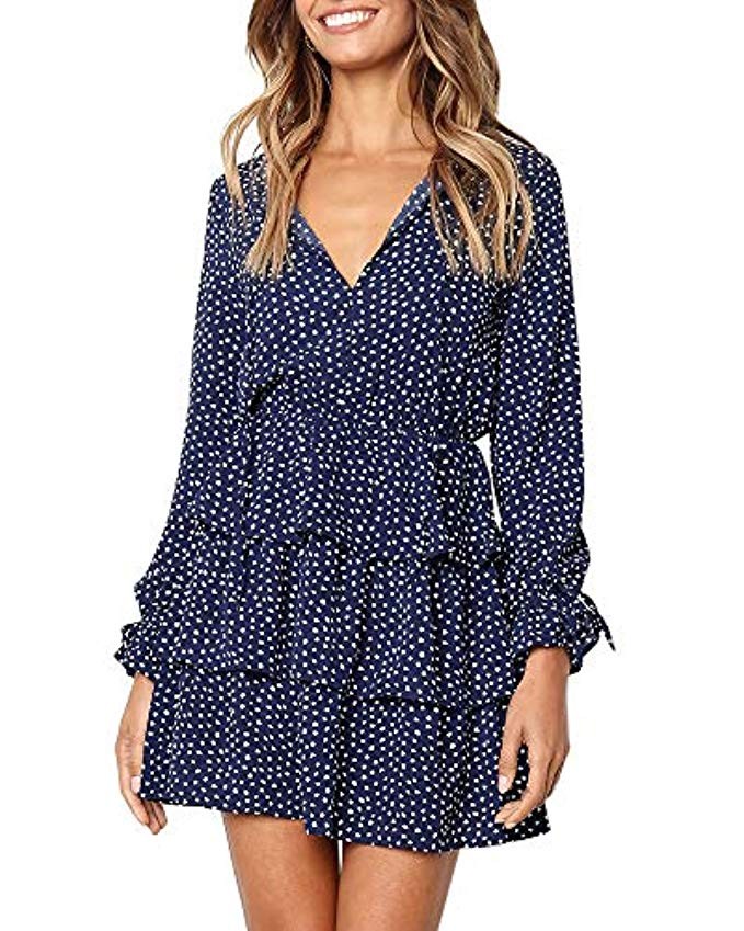 Imysty Womens V Neck Polka Dot Ruffles Long Sleeve Casual Loose Swing T-Shirt Dress | Amazon (US)