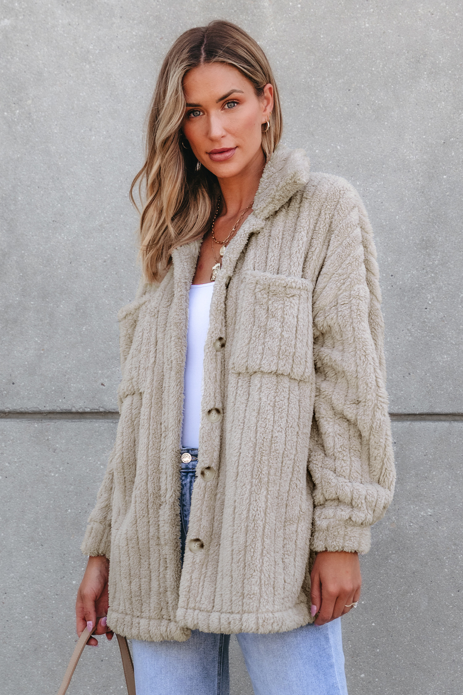 NewTaupe Faux Fur Collared Long Sleeve Button Up Jacket | Cupshe US