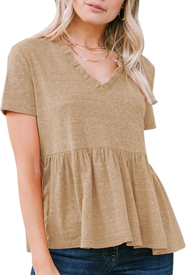 EXLURA Women's Summer Crop Babydoll Peplum Tops Cute V Neck Short Sleeve Business Casual Trendy T... | Amazon (US)