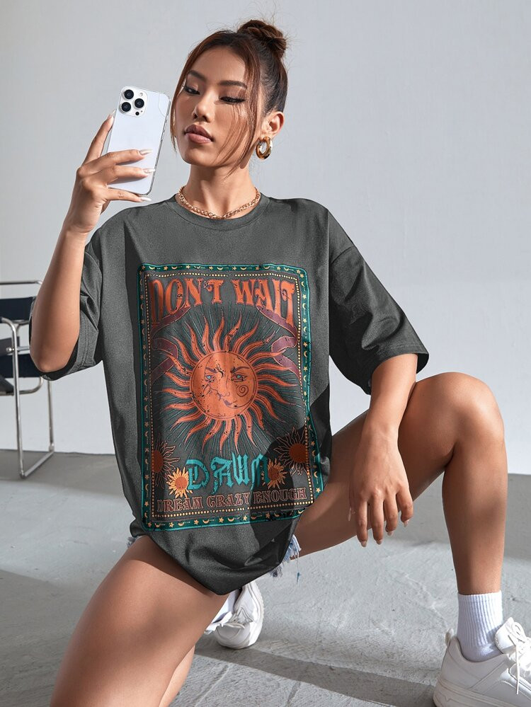 SHEIN EZwear Sun & Letter Graphic Drop Shoulder Tee | SHEIN