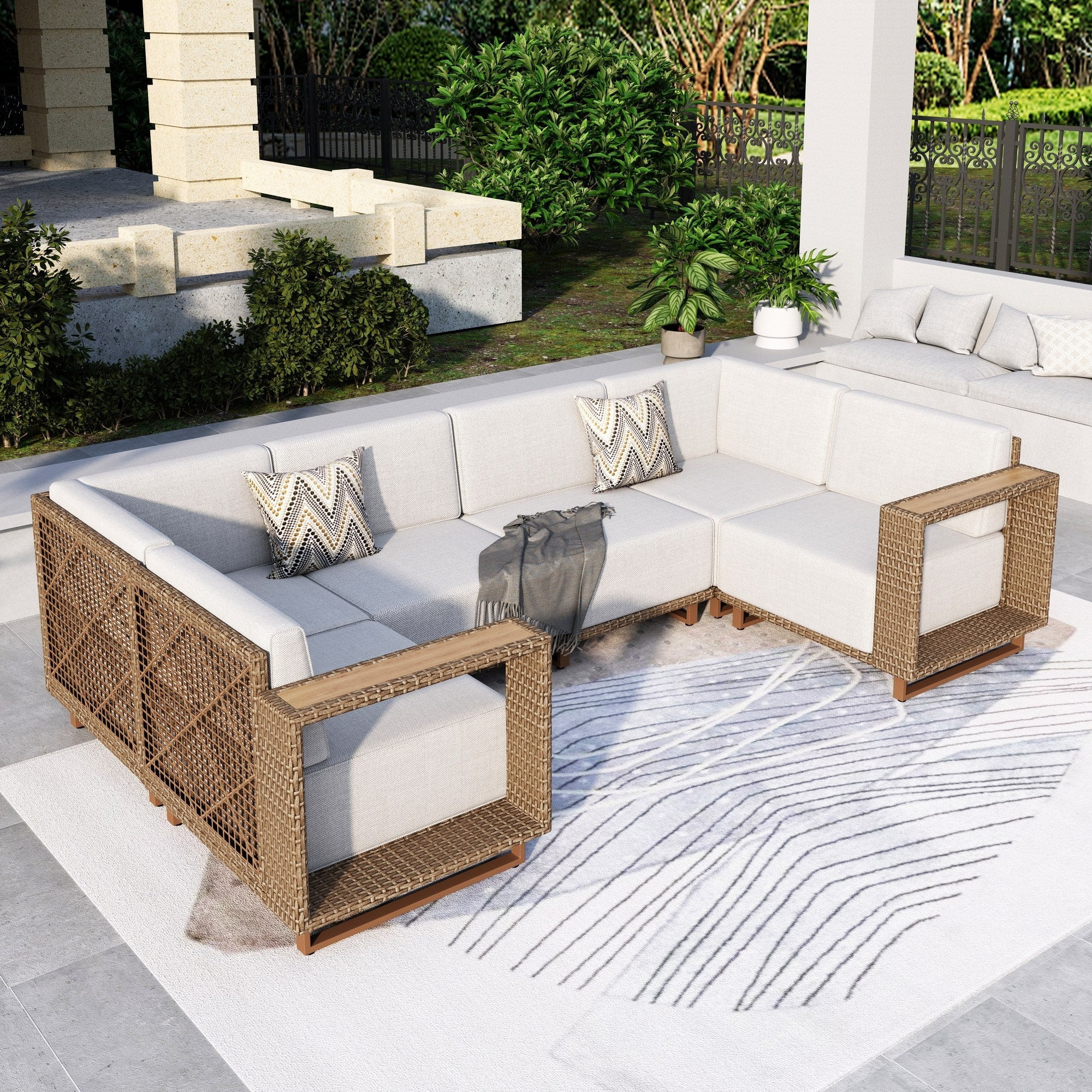 MF Studio 6-Piece Wicker Patio Furniture Set, U Shaped Outdoor Conversation Sectional Set for Por... | Walmart (US)