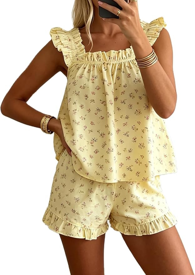 Women Cute Ruffle Pajama Set 2 Piece Summer Pjs Floral Print Cami Top and Shorts Sleepwear Lounge... | Amazon (US)