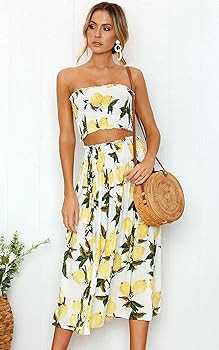 Angashion Women's Floral Crop Top Maxi Skirts Set 2 Piece Outfit Dress | Amazon (US)