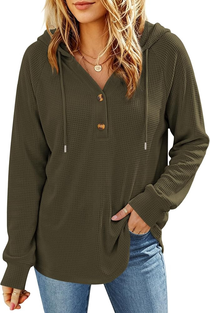 Poetsky Hoodies for Women Waffle Knit Hooded Sweatshirt Button Pullover Top | Amazon (US)
