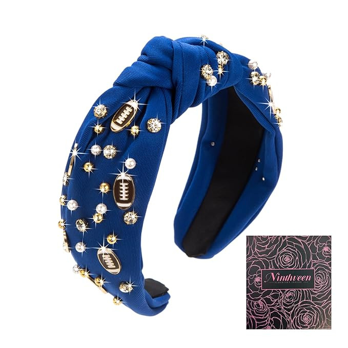 Women's Fashion Football Headband Black Red Orange Blue Pearl Rhinestone Jeweled Knotted for Girl... | Amazon (US)