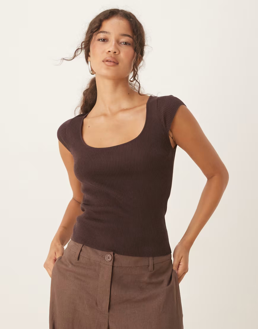 Mango fine rib knit cap sleeve t-shirt in brown | ASOS (Global)