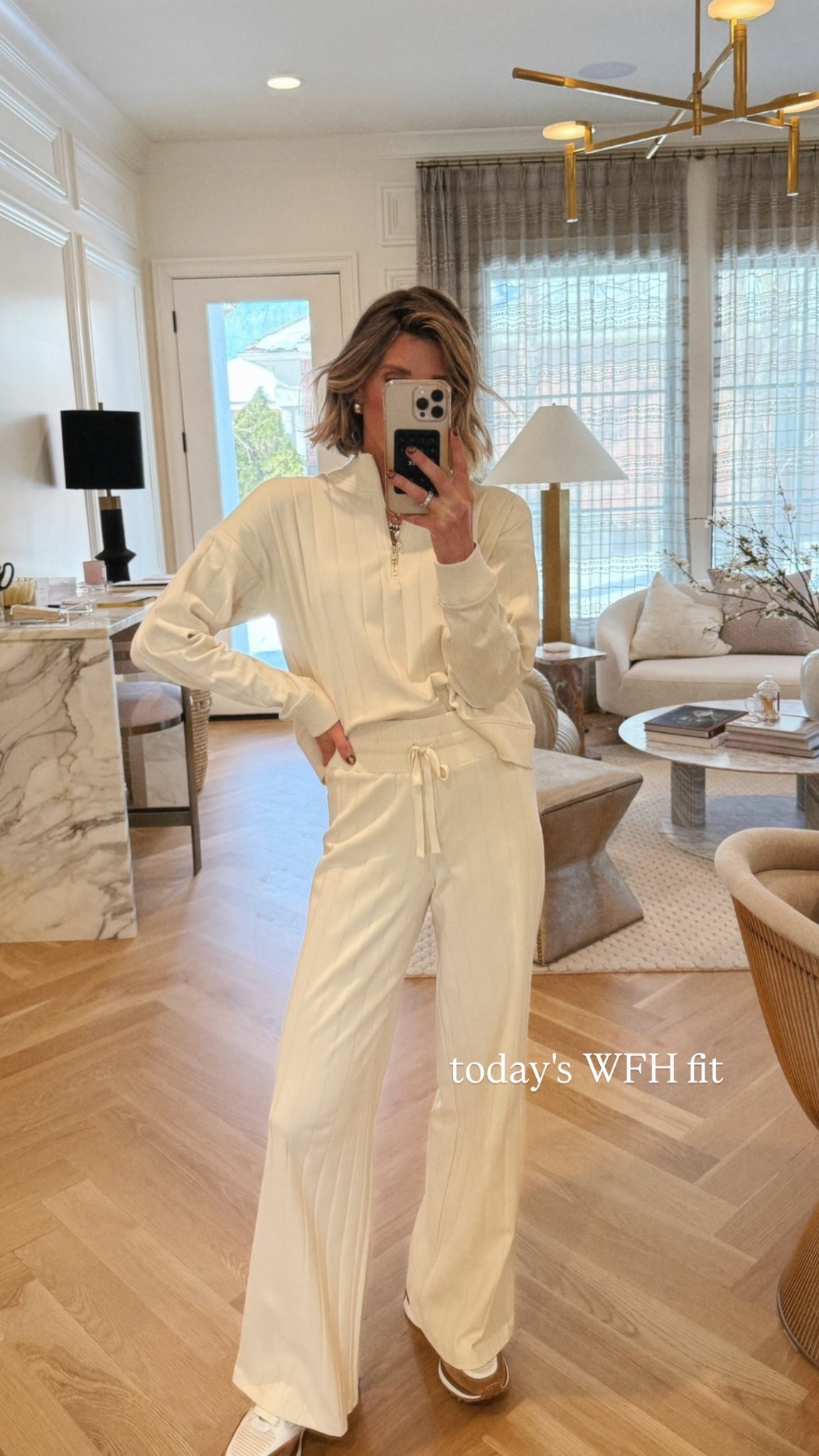 Wearing my splendid spring collection. Love these wide leg rib pants and matching quarter zip. I'm wearing size xs in bottoms and small in top