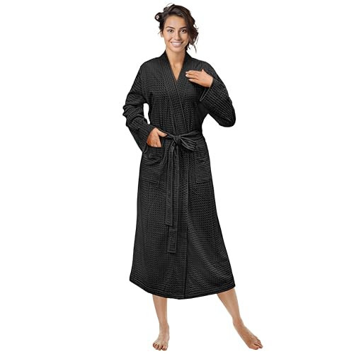 PAVILIA Black Women Waffle Knit Kimono Robe, Soft Cozy Breathable Lightweight Bathrobe with Side Pockets, Shower Spa House Long Robe for Women, S/M | Amazon (US)