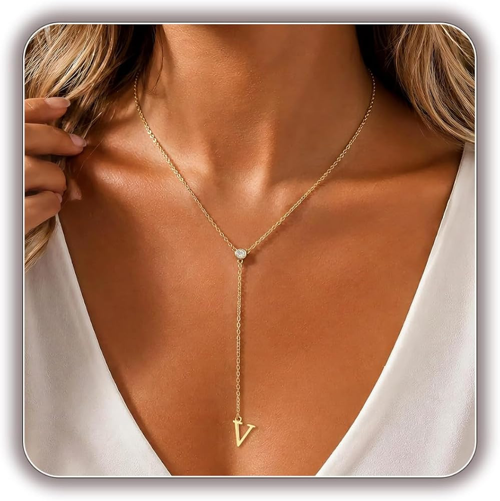 14K Gold Plated Initial Y Necklace for Women,CZ Letter Lariat Necklace | Amazon (US)
