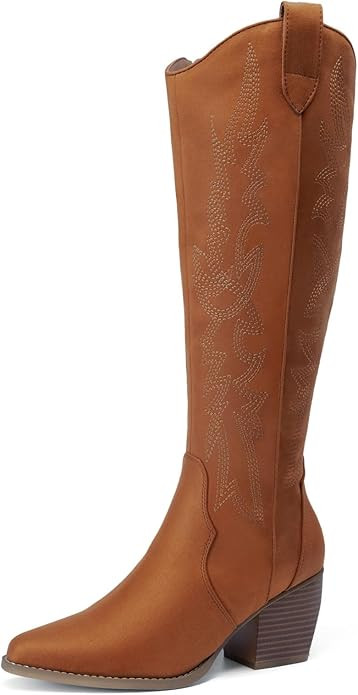 DREAM PAIRS Womens Cowboy Boots Wide Calf Comfortable Pull On Zipper Chunky Heel Pointed Toe Embr... | Amazon (US)