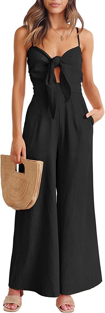 ANRABESS Jumpsuit for Women Casual Summer Beach Vacation Outfits Sleeveless Tie Knot Cutout Linen... | Amazon (US)