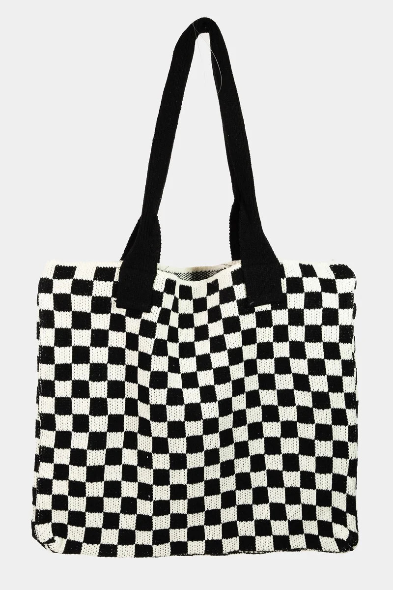 Fame Checkered Pattern Tote Bag Black / One Size | Casual Chic Boutique